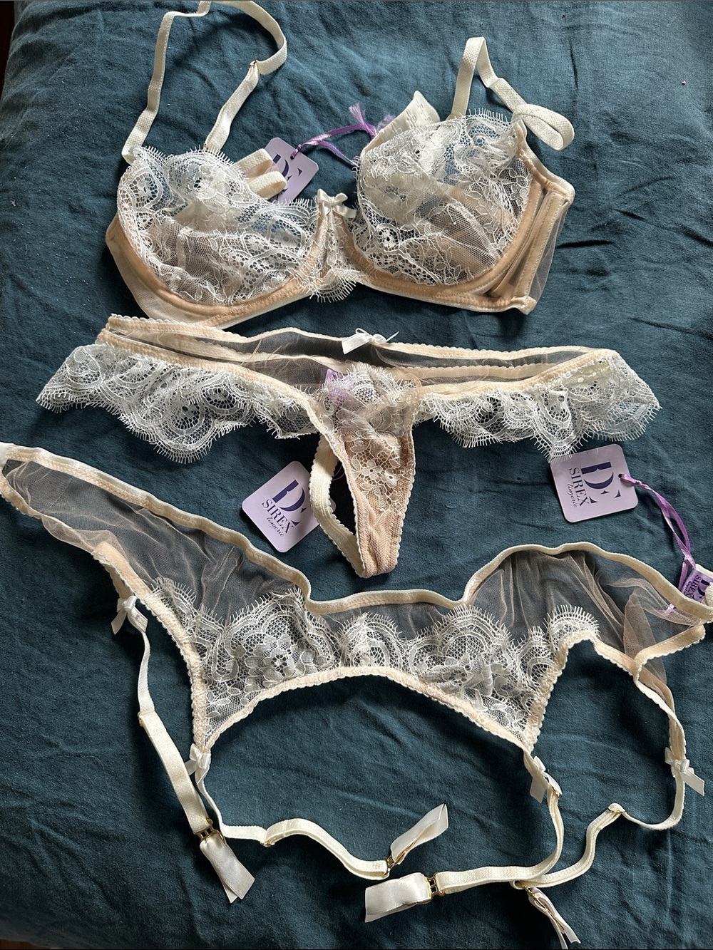 DE Sirex Handmade Lingerie Set Sheer Cream Lace Bra, Garter Belt & Thong